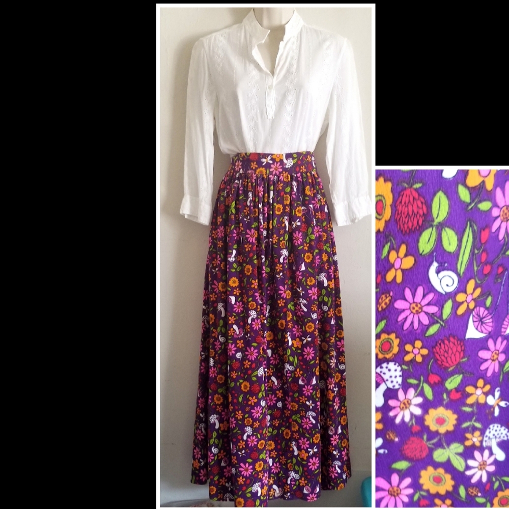 Vtg Mod 60s Maxi Skirt Size M/28 Purple Flowers Butterflies Snails